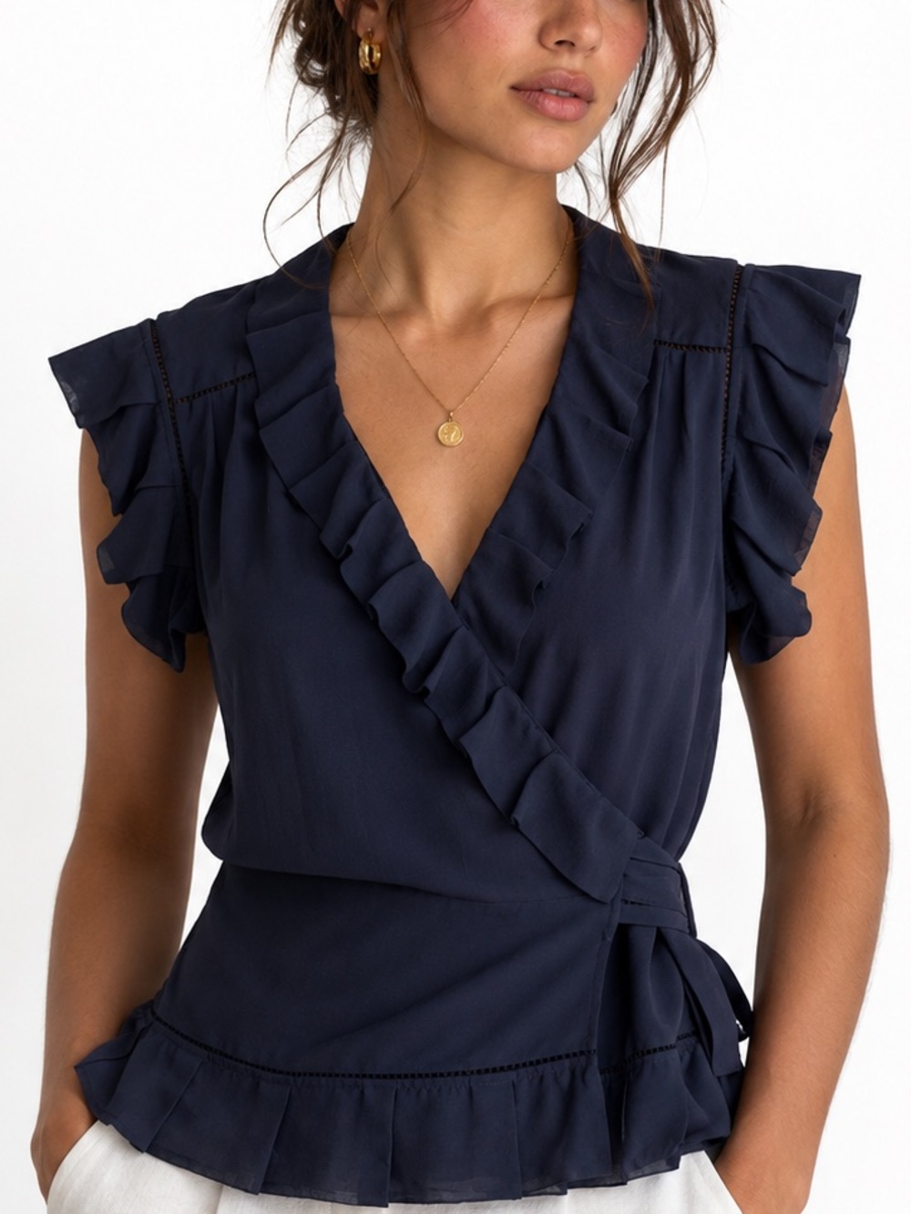 Diane von Furstenberg Silk Navy Ruffle Wrap Top (Size 10)